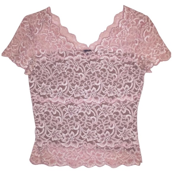 Hanky Panky Tops - HANKY PANKY Pink Stretch Lined V Neck Lace Top